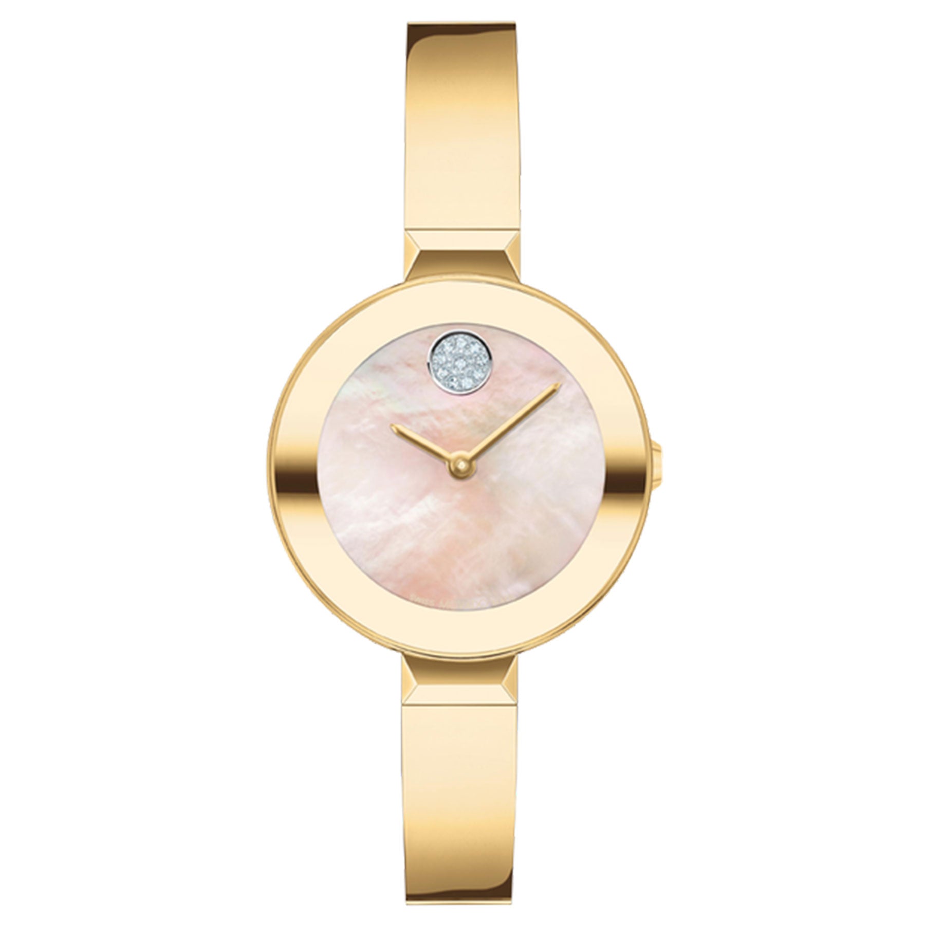 Introducing the Movado BOLD Quartz 28mm Watch, a striking timepiece with a gold ion-plated finish and round case. It features a mother-of-pearl dial adorned with two gold hands and a diamond accent at the top, all complemented by an elegant polished metal strap.