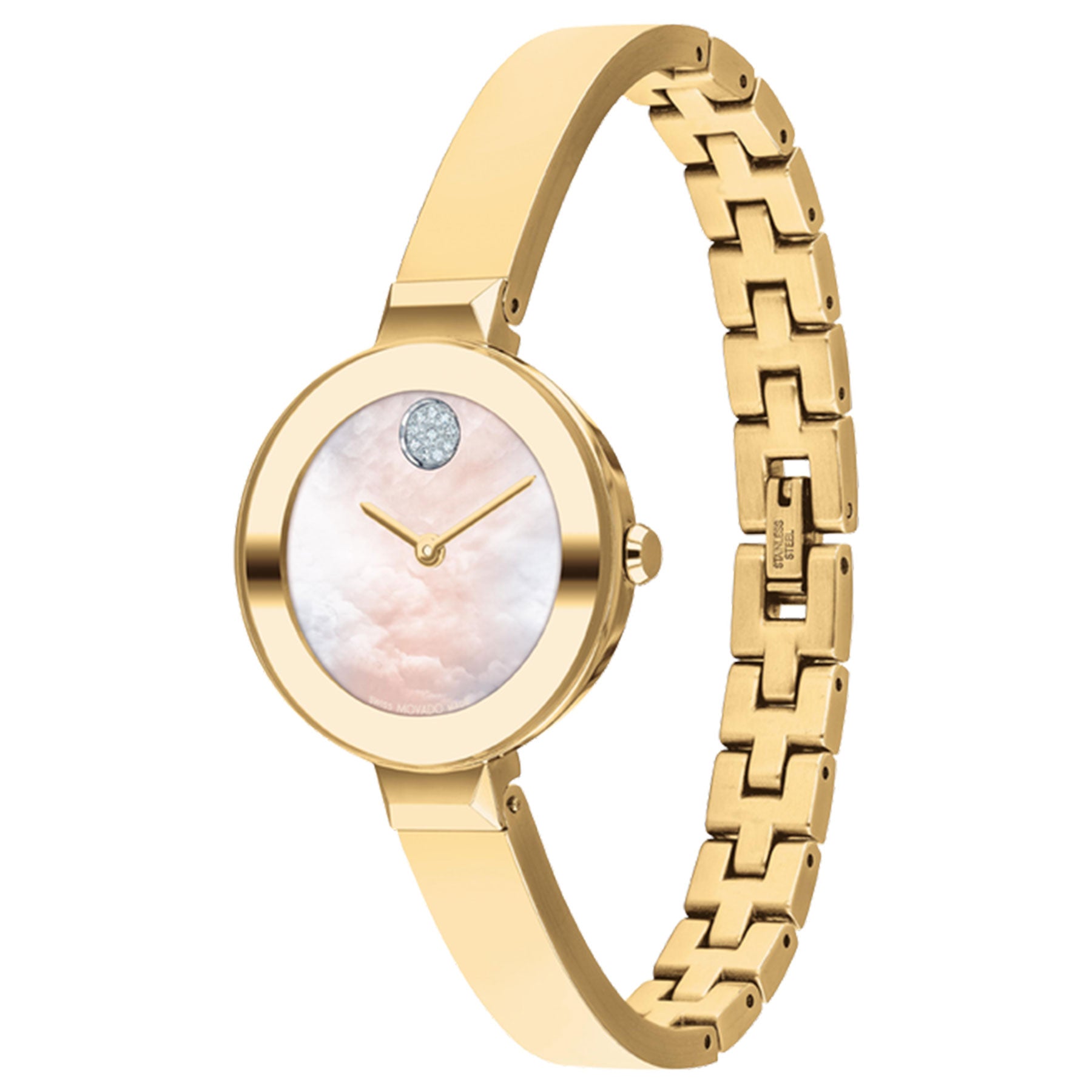 The elegant Movado BOLD Quartz 28mm Watch from the renowned brand Movado showcases a gold ion-plated round case with a mother-of-pearl dial. Its minimalist design includes two gold hands and a diamond accent at the 12 o'clock position, enhanced by interlocking links on the band.