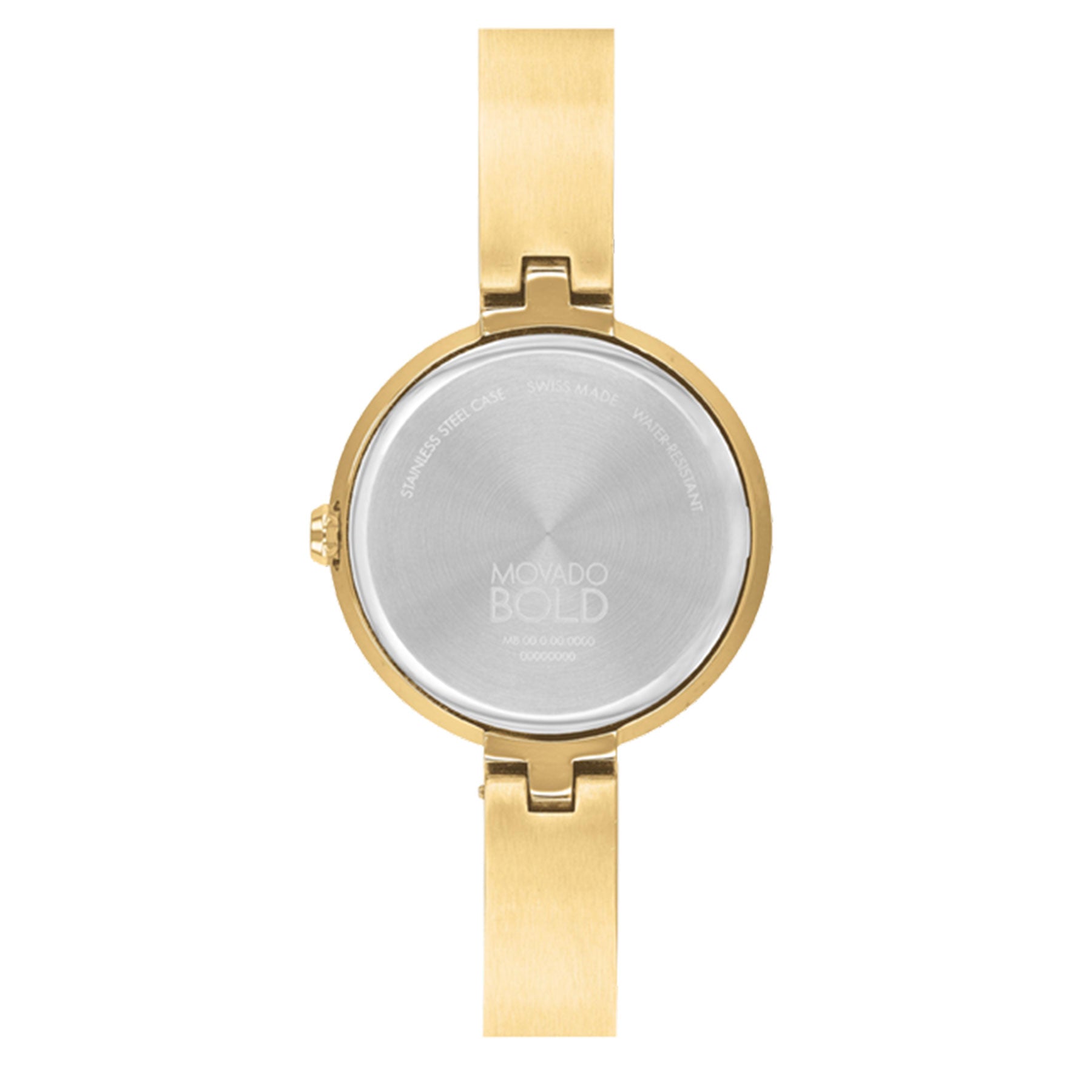 The back view of the Movado BOLD Quartz 28mm Watch by Movado features a round gold ion-plated stainless steel case with detailed inscriptions. It has a dazzling gold metal strap and is presented in an upright position.