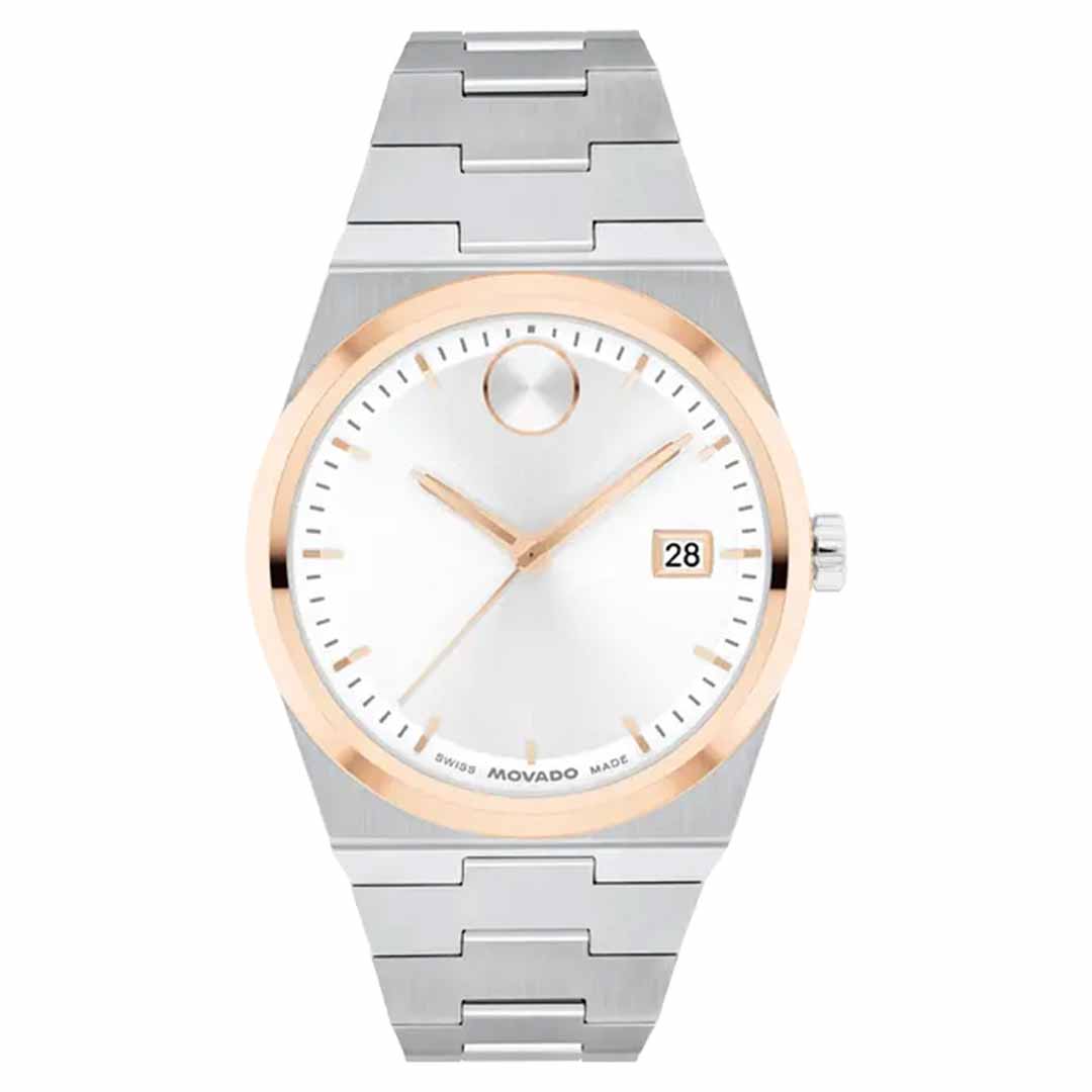The Movado BOLD Quest Quartz 35mm Watch showcases a sleek design with an integrated bracelet and a silver metal band. Its minimalistic appeal is highlighted by a round white face, featuring a single dot at 12 o'clock, gold accents on the bezel, and a date display at 3 o'clock, embodying timeless elegance for the Movado enthusiast.