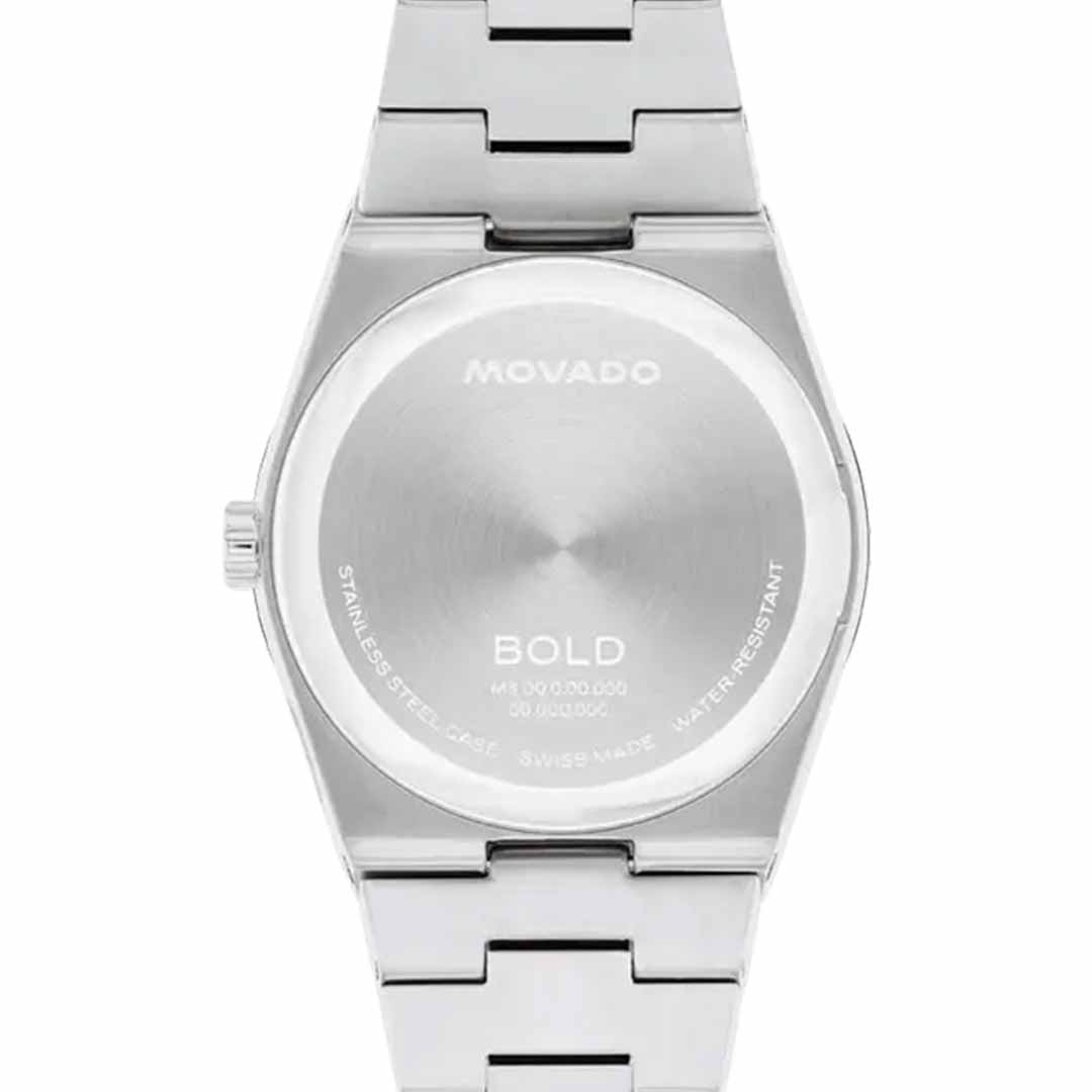 The Movado BOLD Quest Quartz 35mm watch features an integrated stainless steel bracelet, a closed clasp, and rose gold-tone hands. The reverse side showcases engraved details such as the brand name, model number, "Swiss Made," and "Water Resistant.