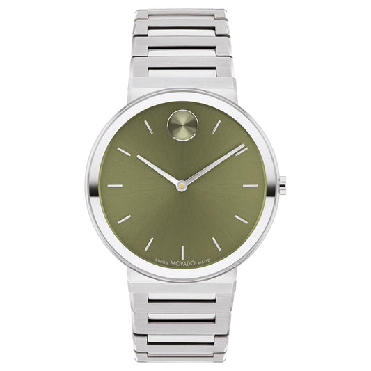 The Movado BOLD Horizon Quartz 40mm Watch features a striking green face adorned with minimalist hour markers and two sleek hands. The polished metal link bracelet from the renowned brand Movado adds an elegant touch.