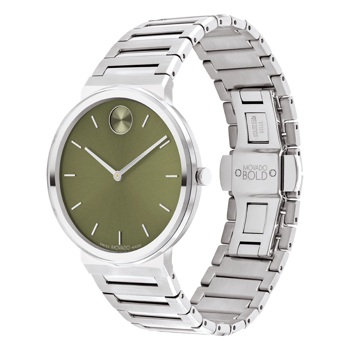 The Movado BOLD Horizon Quartz 40mm Watch features a sleek design with a green dial, minimalist hour markers, and a thin silver bezel. Its polished stainless steel bracelet perfectly complements the modern elegance of this timepiece, making it an ideal accessory for those who appreciate understated sophistication.