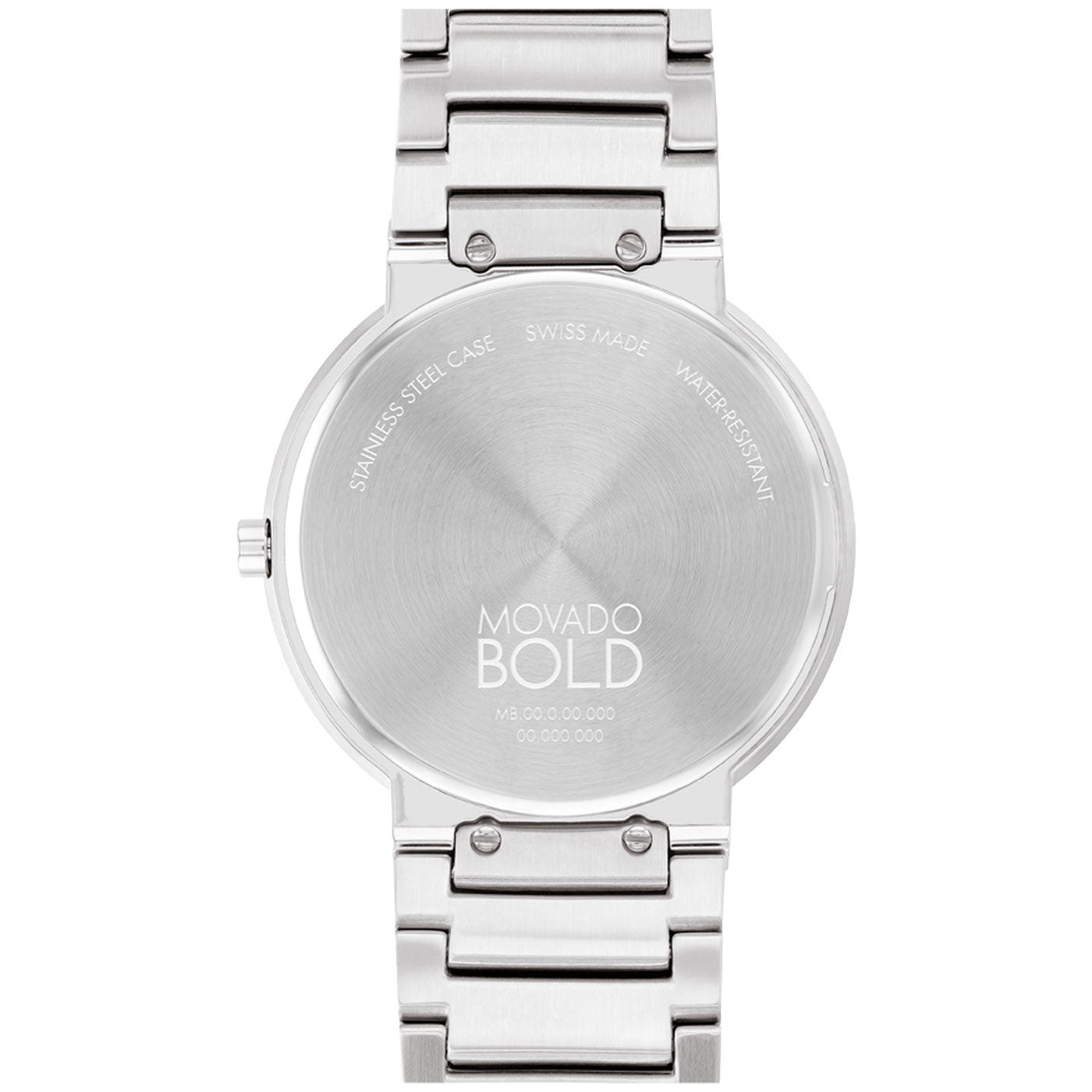 Back view of a Movado BOLD Horizon Quartz 40mm Watch with a sleek stainless steel bracelet, exuding a polished and modern design. The circular back emphasizes its "Swiss Made" and "Water Resistant" features, highlighting exceptional craftsmanship.