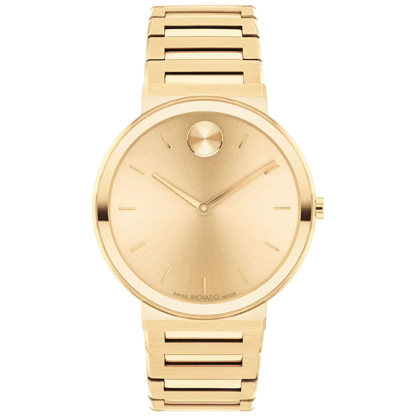 The Movado BOLD Horizon Quartz 40mm Watch by Movado showcases timeless elegance with its minimalist round face, featuring a single dot at the top and sleek gold hour and minute hands. Its matching bracelet is crafted with interlinked rectangular segments, creating a refined and seamless design.