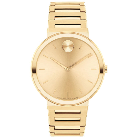 The Movado BOLD Horizon Quartz 40mm Watch by Movado showcases timeless elegance with its minimalist round face, featuring a single dot at the top and sleek gold hour and minute hands. Its matching bracelet is crafted with interlinked rectangular segments, creating a refined and seamless design.