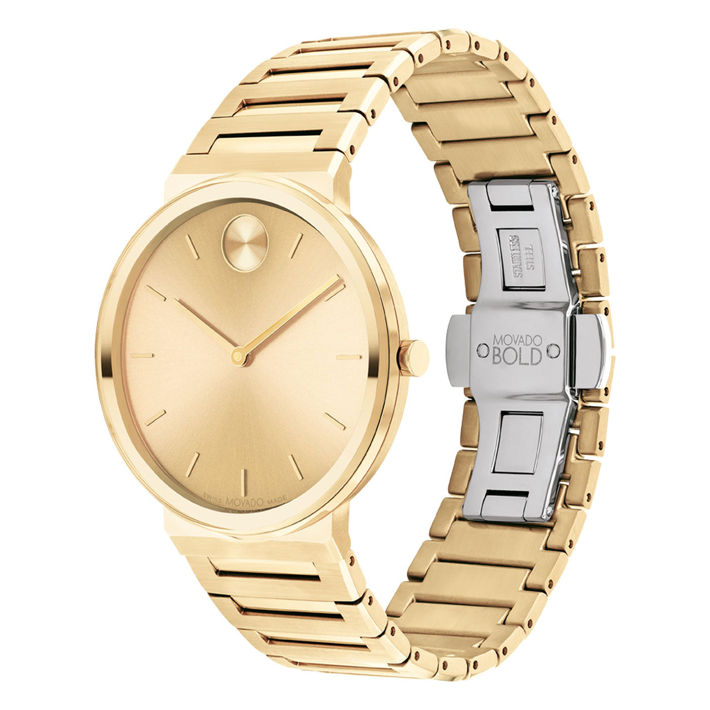 The Movado BOLD Horizon Quartz 40mm Watch boasts a gold-toned minimalist design featuring a round face, simple hour markers, and sleek hands. Its metal bracelet exhibits a lustrous finish, while the clasp is adorned with the Movado brand name and the "BOLD" logo.