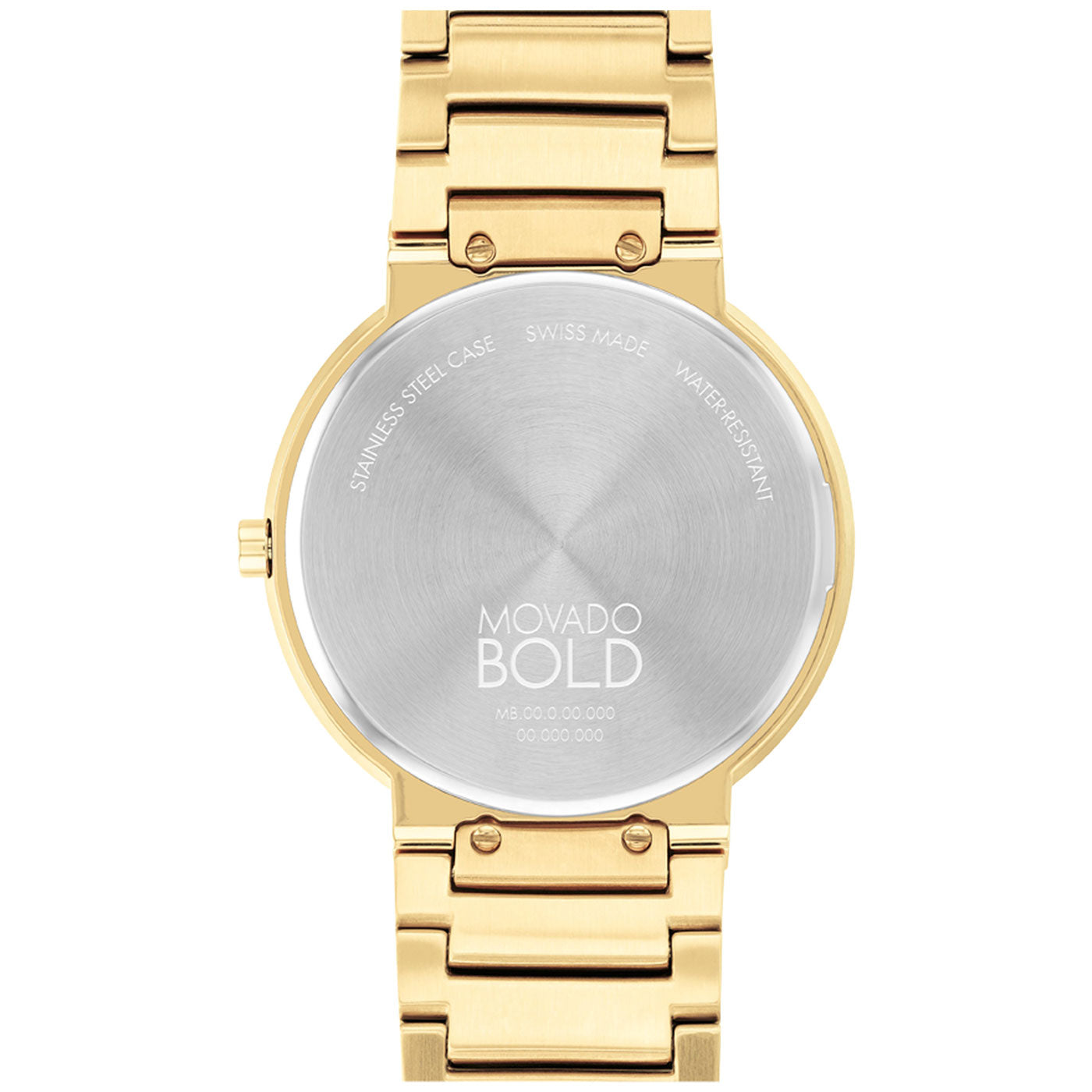 The back of the Movado BOLD Horizon Quartz 40mm Watch is adorned with a stainless steel case and a luxurious gold bracelet. The inscriptions "Swiss Made" and "Water Resistant" highlight its superior quality, while its sophisticated design embodies timeless elegance.