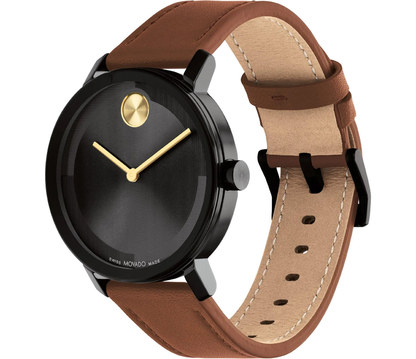 Explore the elegance of the Movado BOLD Evolution 2.0 Quartz 40mm Watch. This stunning timepiece features a sleek black round dial accentuated by gold hands and Movado's signature gold dot at the 12 o'clock position. The minimalist design is flawlessly paired with a luxurious cognac leather strap and a classic buckle, offering timeless style from Movado.