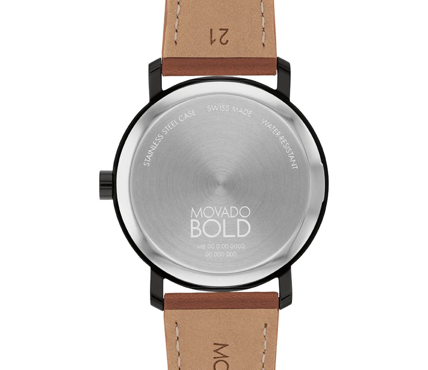 The image features the back of a Movado BOLD Evolution 2.0 Quartz 40mm watch, displaying a sophisticated design with a black ion-plated stainless steel case and an elegant cognac leather strap. The case back includes details such as "Swiss Made" and "Water Resistant.