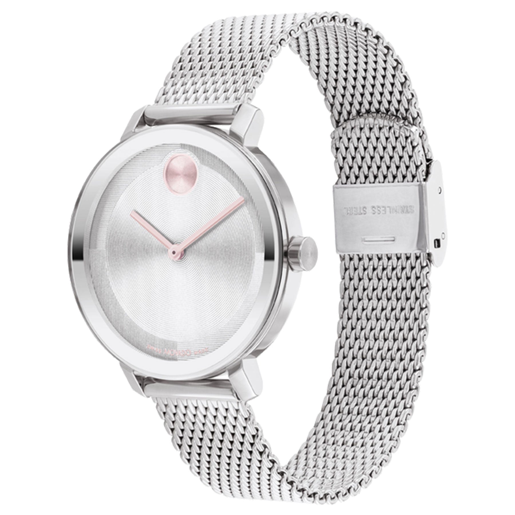 Introducing the Movado Amorosa Quartz 24mm Watch, a sleek timepiece from Movado that exudes minimalist elegance. This silver wristwatch features a mesh band and a simple watch face, with its micro-textured dial enhanced by a single dot at the 12 o'clock position. Slender hands contribute to its understated charm.