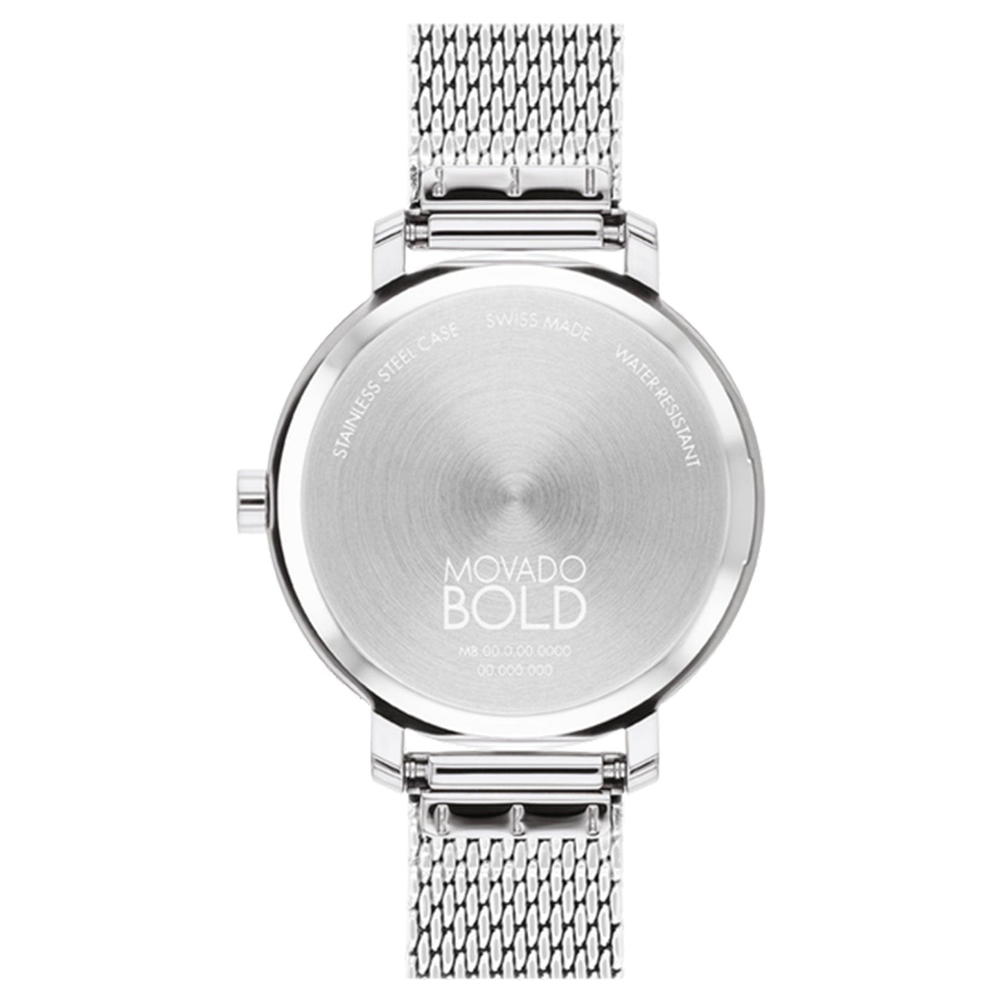 Back view of the elegant Movado Amorosa Quartz 24mm watch featuring a stainless steel mesh strap. The minimalist design is enhanced by the circular case back, which highlights details like "Stainless Steel Case," "Swiss Made," and "Water Resistant," along with the brand logo. Its micro-textured dial adds to its sophisticated charm.