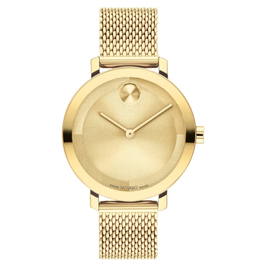 The Movado BOLD Evolution Quartz 34mm Watch by Movado is a goldtone timepiece showcasing a minimalist design with a mesh strap, round dial featuring gold hands, and a single gold dot at the 12 o'clock position to enhance its sleek elegance without any hour markers.