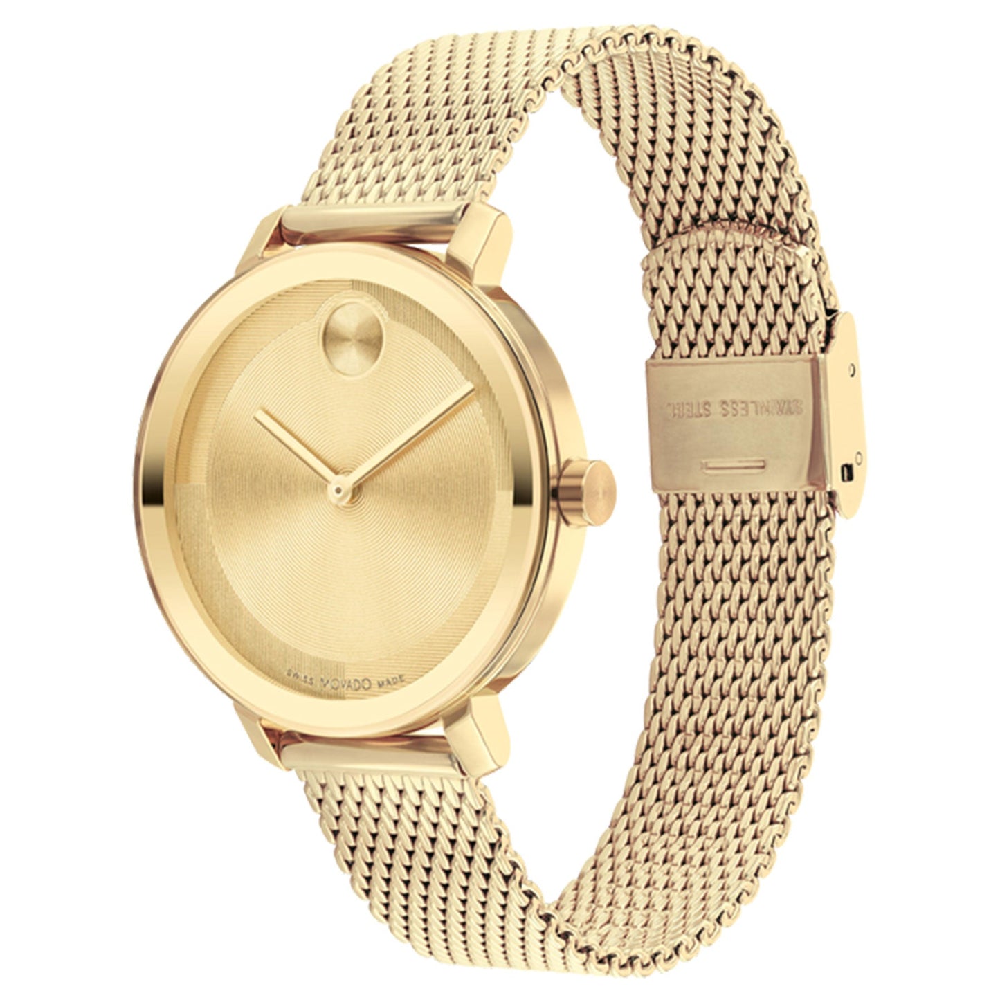 The Movado BOLD Evolution Quartz 34mm Watch, from the renowned brand Movado, showcases a minimalist design with a goldtone round face and two slim hands. Its sophisticated stainless steel mesh band and bezel accentuate its elegant appeal.