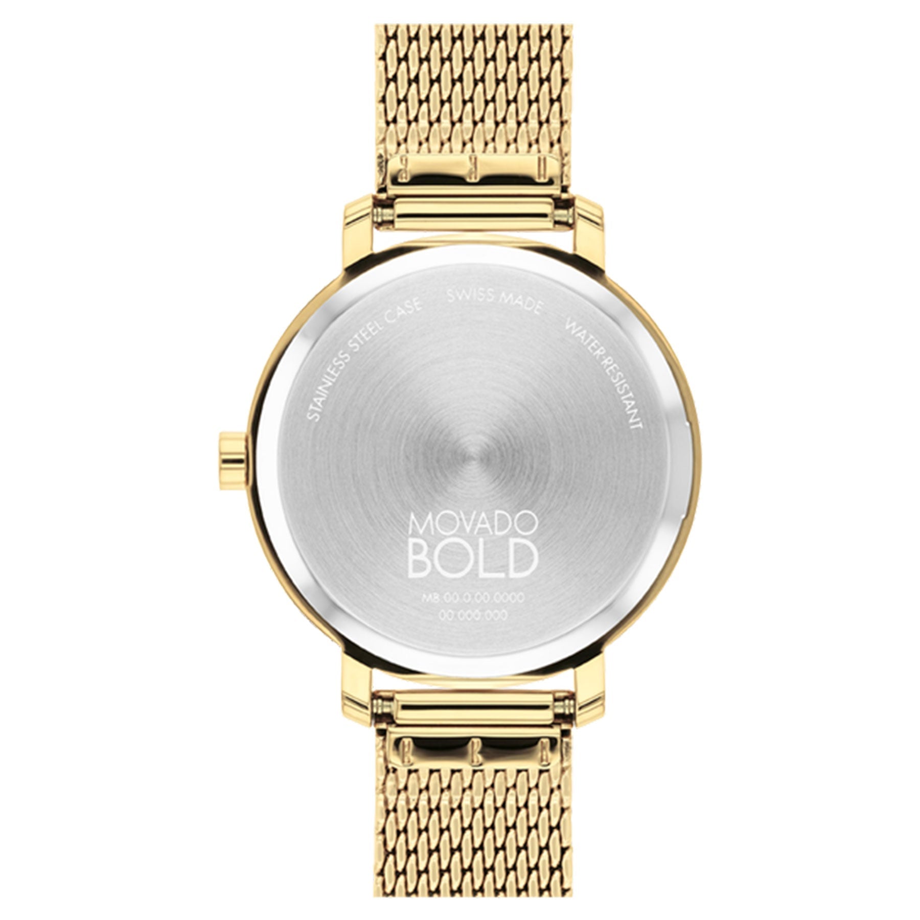 The back view of the Movado BOLD Evolution Quartz 34mm Watch displays a captivating design that embodies a minimalist timepiece aesthetic. It comes with a gold mesh strap and silver-toned case back engraved with details such as "Stainless Steel Case," "Swiss Made," and "Water Resistant.