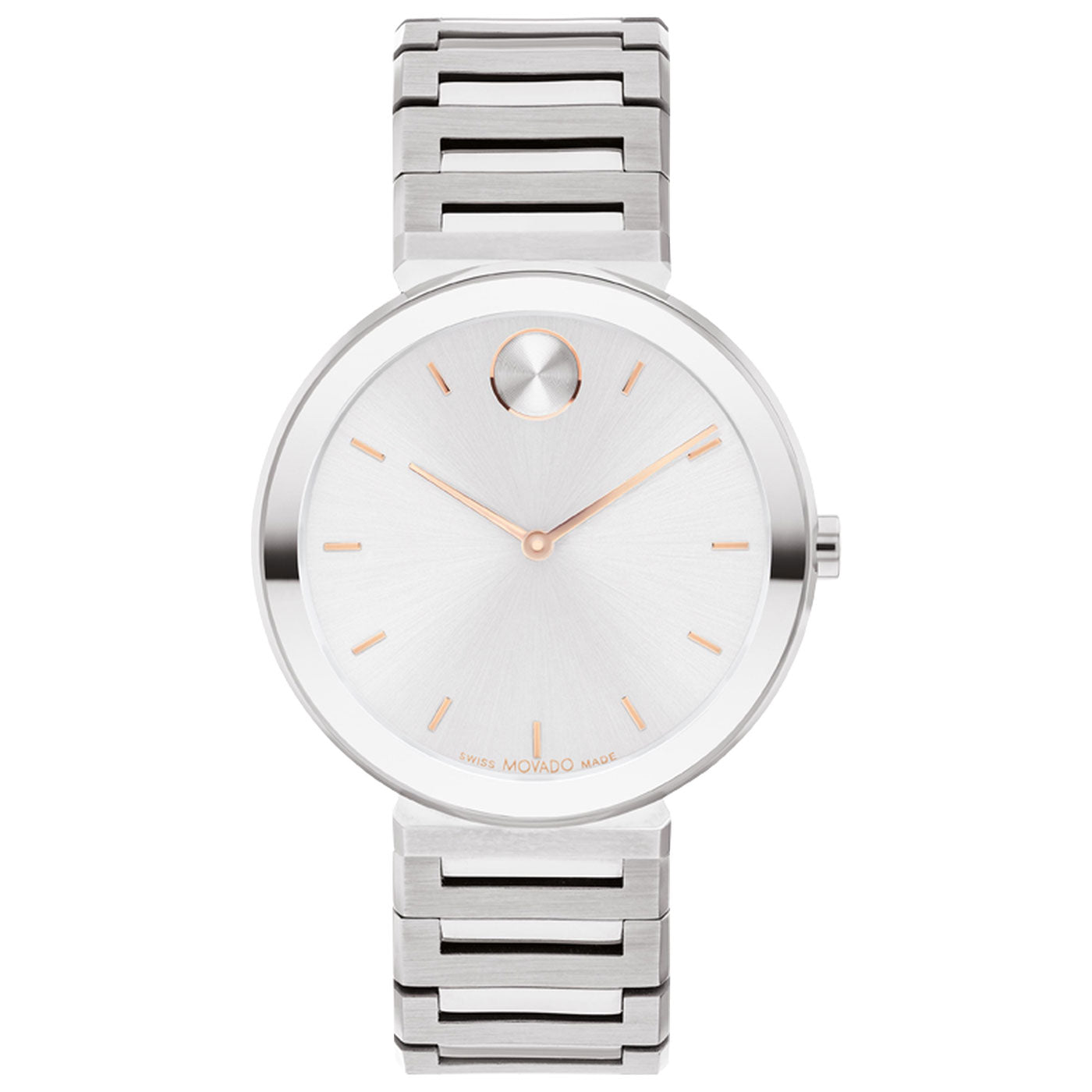 Introducing the Movado BOLD Horizon Quartz 34mm Watch by Movado, a sleek silver wristwatch with a minimalist design. It showcases a brushed metal face with thin hour markers and a single dot at 12 o'clock. The polished silver link band adds timeless elegance to any outfit.