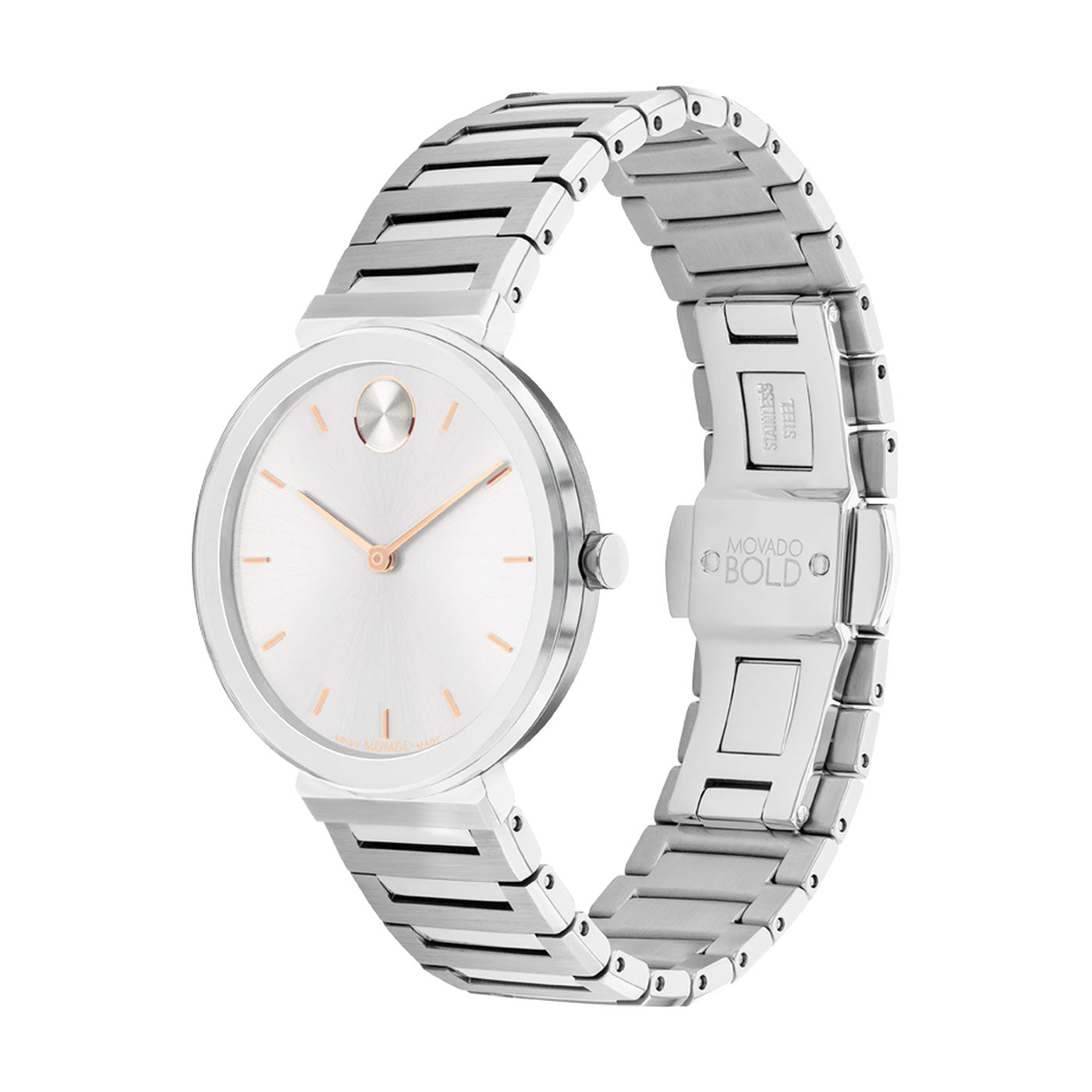 The Movado BOLD Horizon Quartz 34mm Watch boasts a minimalist design, highlighted by a round silver face without numerals. It includes a stainless steel strap and features a single dot at the 12 o'clock position on the dial. The distinctive Movado brand is prominently displayed on the clasp.