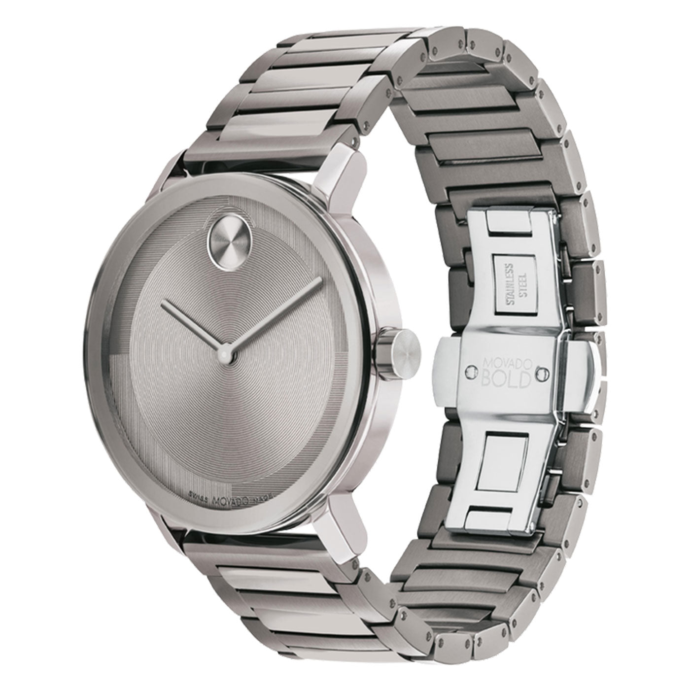 Introducing the Movado BOLD 2.0 Quartz 40mm Watch, a silver timepiece by Movado that boasts a minimalist design. It features a metallic bracelet band and a sleek, round face with a micro-textured tonal dial. The iconic dot motif at the 12 o'clock position is complemented by two thin hands for an elegant aesthetic.