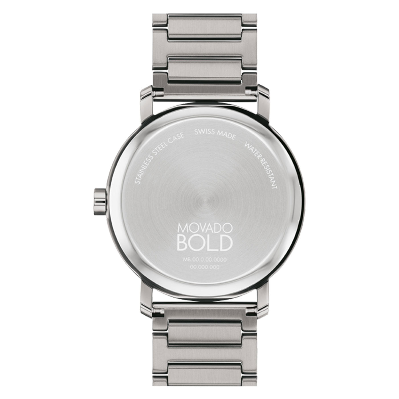 Back view of the Movado BOLD 2.0 Quartz 40mm watch in silver, highlighting the iconic dot motif and a stainless steel bracelet. The timepiece displays details such as "Swiss Made" and "Water Resistant" on the case back, paired with a micro-textured tonal dial.