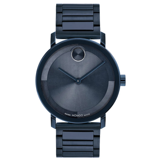 The Movado BOLD 2.0 Quartz 40mm Watch by Movado boasts a sleek, contemporary minimalist design with a black stainless steel band, an H-link bracelet, and a dark face showcasing a single dot at 12 o'clock. It features simple hour and minute hands along with a micro-textured tonal dial for added elegance.