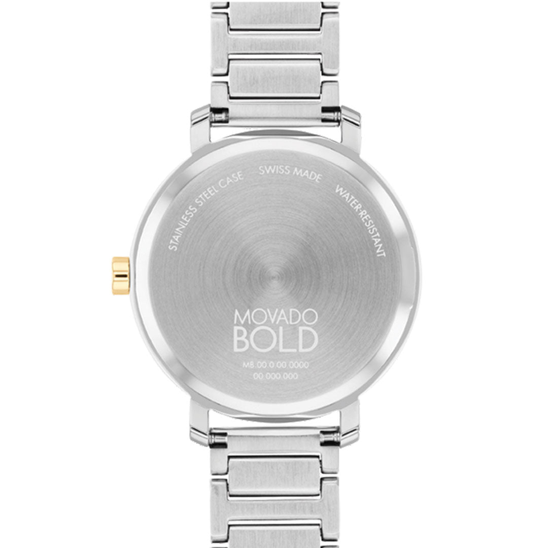 Back view of the Movado BOLD Evolution 2.0 Quartz 34mm Watch shows its silver stainless steel case, gold-tone crown, Swiss made and water resistant engraving, and a stainless steel bracelet. Brand: Movado.