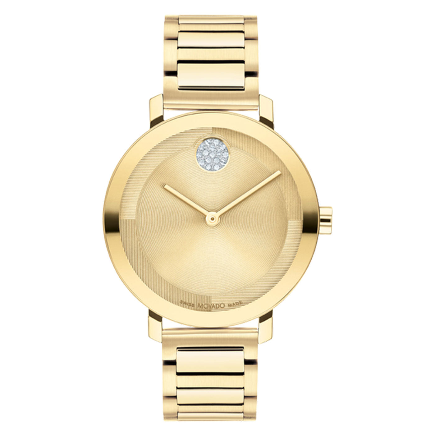 Introducing the Movado BOLD 2.0 Quartz 34mm Watch, a refined accessory from the renowned brand Movado. This timepiece boasts a minimalist design with a goldtone finish and features a round face adorned with simple gold hands and a single diamond marker at the 12 o'clock position. The look is completed with an elegant H-link bracelet, ensuring timeless sophistication.