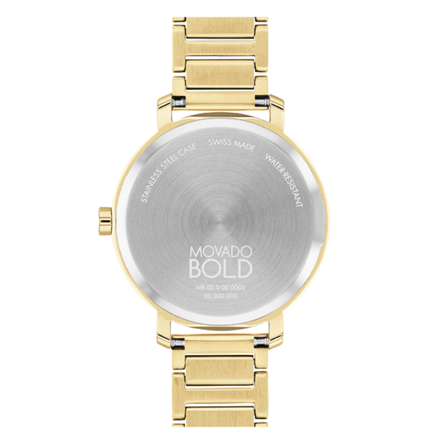 The image presents the reverse side of a Movado BOLD 2.0 Quartz 34mm watch with a goldtone finish, highlighting its stainless steel H-link bracelet. The case back is engraved with "Swiss Made" and "Water Resistant.