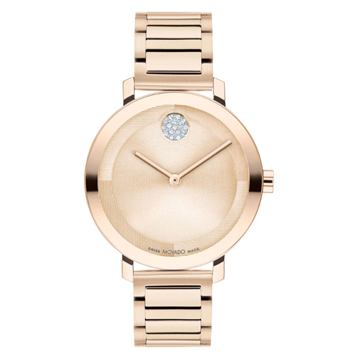 The Movado BOLD 2.0 Quartz 40mm Watch by Movado showcases a minimalist design in a sleek rose goldtone finish, featuring a micro-textured dial with a single diamond at the 12 o'clock position. Its polished metal bracelet elegantly complements the two thin hands that display the time.