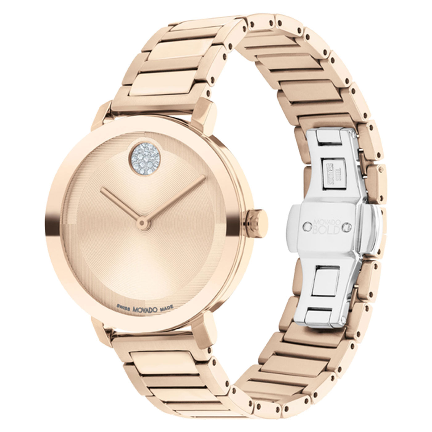 The Movado BOLD 2.0 Quartz 40mm Watch showcases a minimalist design in rose goldtone, featuring a diamond accent at the 12 o'clock position. This sleek timepiece is equipped with a micro-textured dial and paired with a matching bracelet that includes a silver-tone clasp, displaying the simple elegance marked by "Movado Bold.