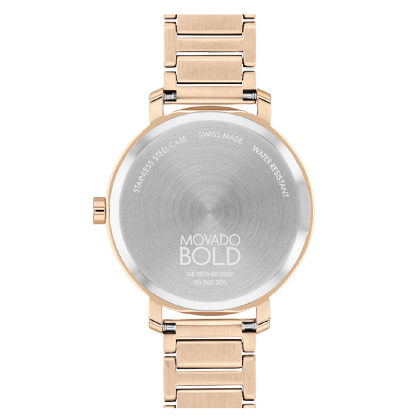 The back of the Movado BOLD 2.0 Quartz 40mm Watch highlights its stainless steel case paired with a rose gold-tone link bracelet. This sophisticated "Swiss Made" timepiece is also "Water Resistant," featuring a micro-textured dial that adds to its elegant design.