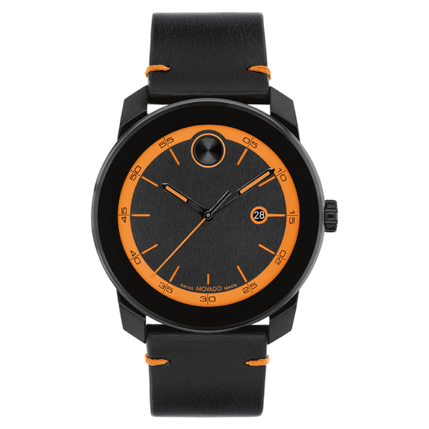 Introducing the Movado BOLD TR90 Quartz 40mm Watch, a sleek timepiece by Movado. This black watch features an orange-accented dial with a minimalist design, an analog display with simple hour markers, and a circular date window. It boasts a Swiss Super-LumiNova finish on its black leather strap adorned with orange stitching.