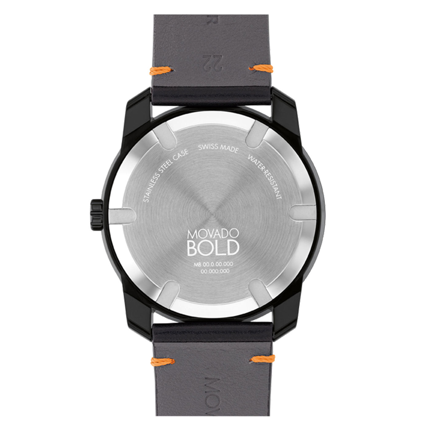 The back of the Movado BOLD TR90 Quartz 40mm Watch, a sophisticated timepiece by Movado featuring a black TR90 material with a stainless steel case, is marked "Swiss Made" and "Water Resistant." It boasts Swiss Super-LumiNova detailing and is complemented by dark gray leather straps with distinctive orange stitching accents.