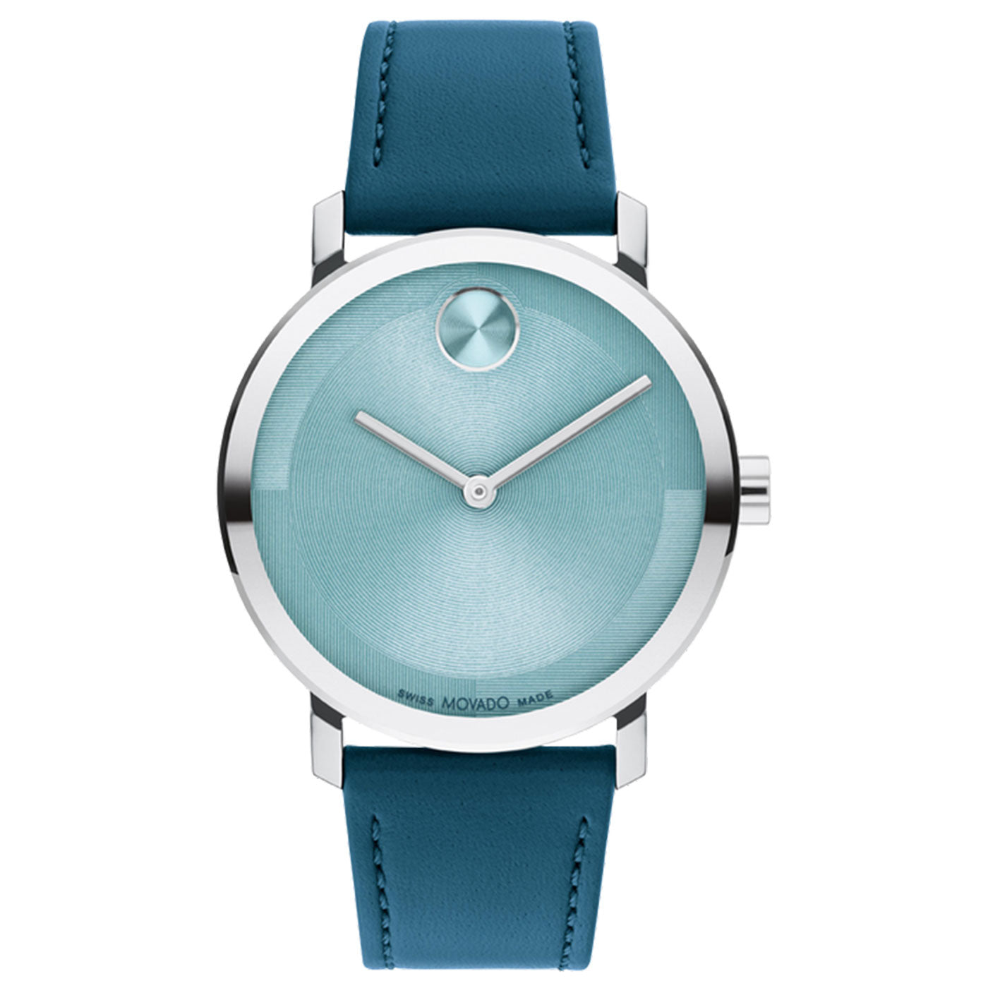 The Movado BOLD Ceramic Quartz 36.3mm Watch by Movado showcases a turquoise circular face with a minimalist design, featuring two silver hands and a single dot at the 12 o'clock position. Its stainless steel case is complemented by an elegant teal leather strap, achieving both elegance and contemporary style.