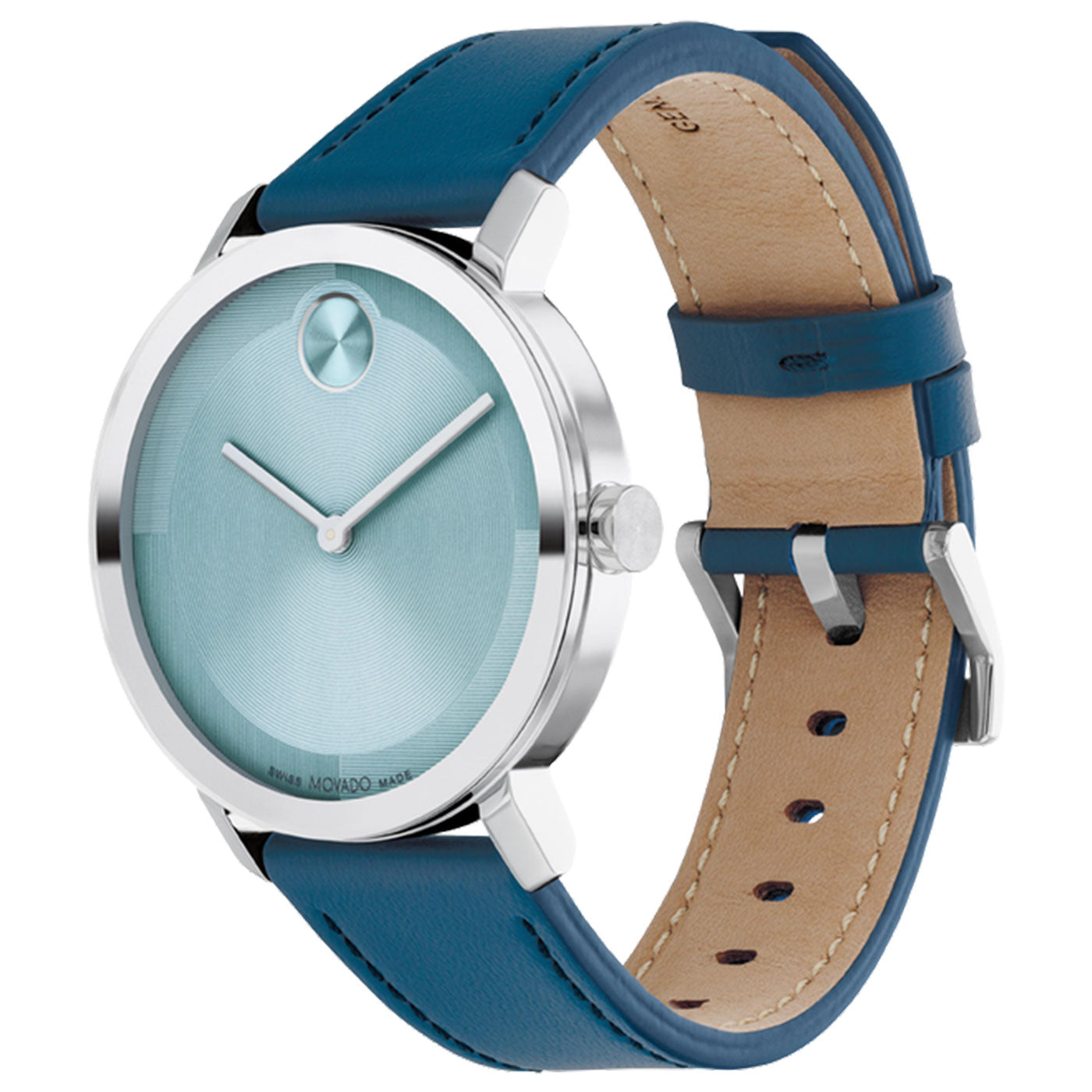 The Movado BOLD Ceramic Quartz 36.3mm Watch by Movado boasts a sleek, minimalist design with a stainless steel case and light blue dial adorned with simple silver hands. Its round case is complemented by a blue leather strap, resulting in an elegant and modern appearance.