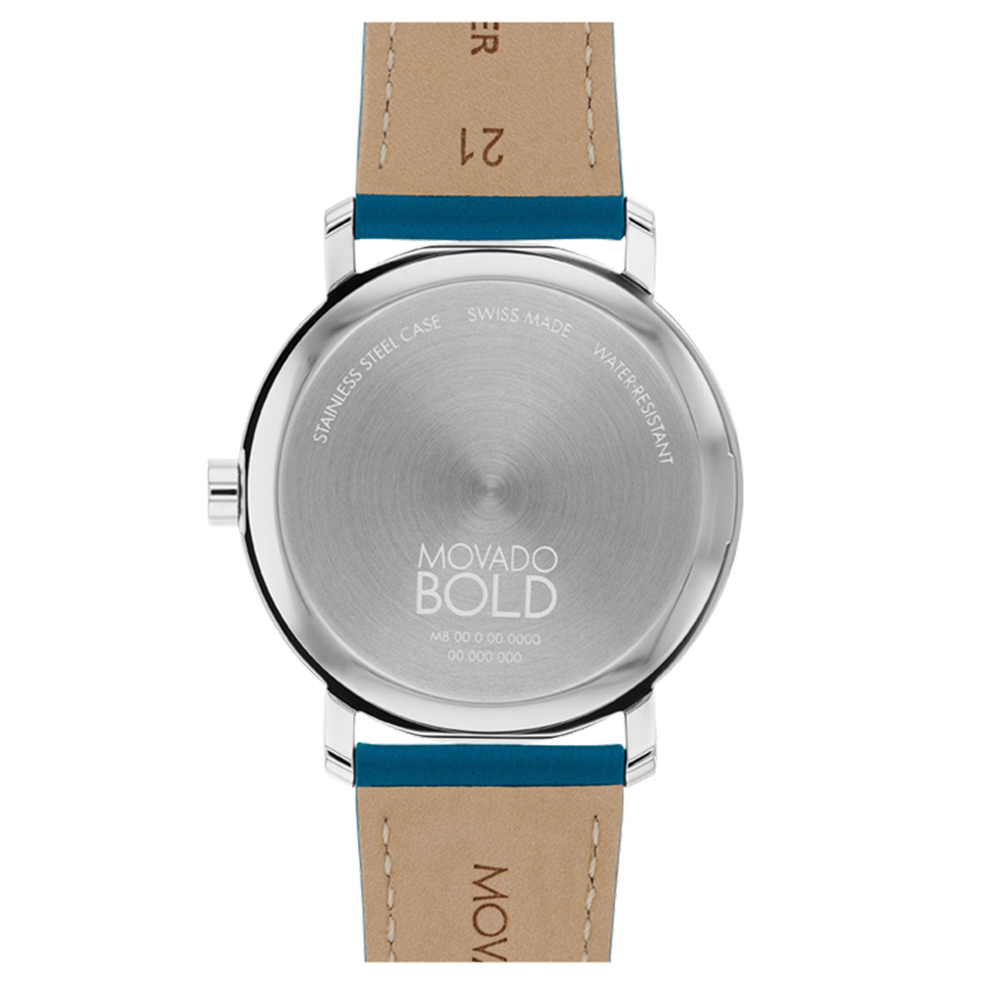 The back view of a Movado BOLD Ceramic Quartz 36.3mm Watch features a stainless steel case and leather strap. This Swiss-made Movado timepiece is water-resistant, with the strap displaying brown on the underside and blue on the outer side.