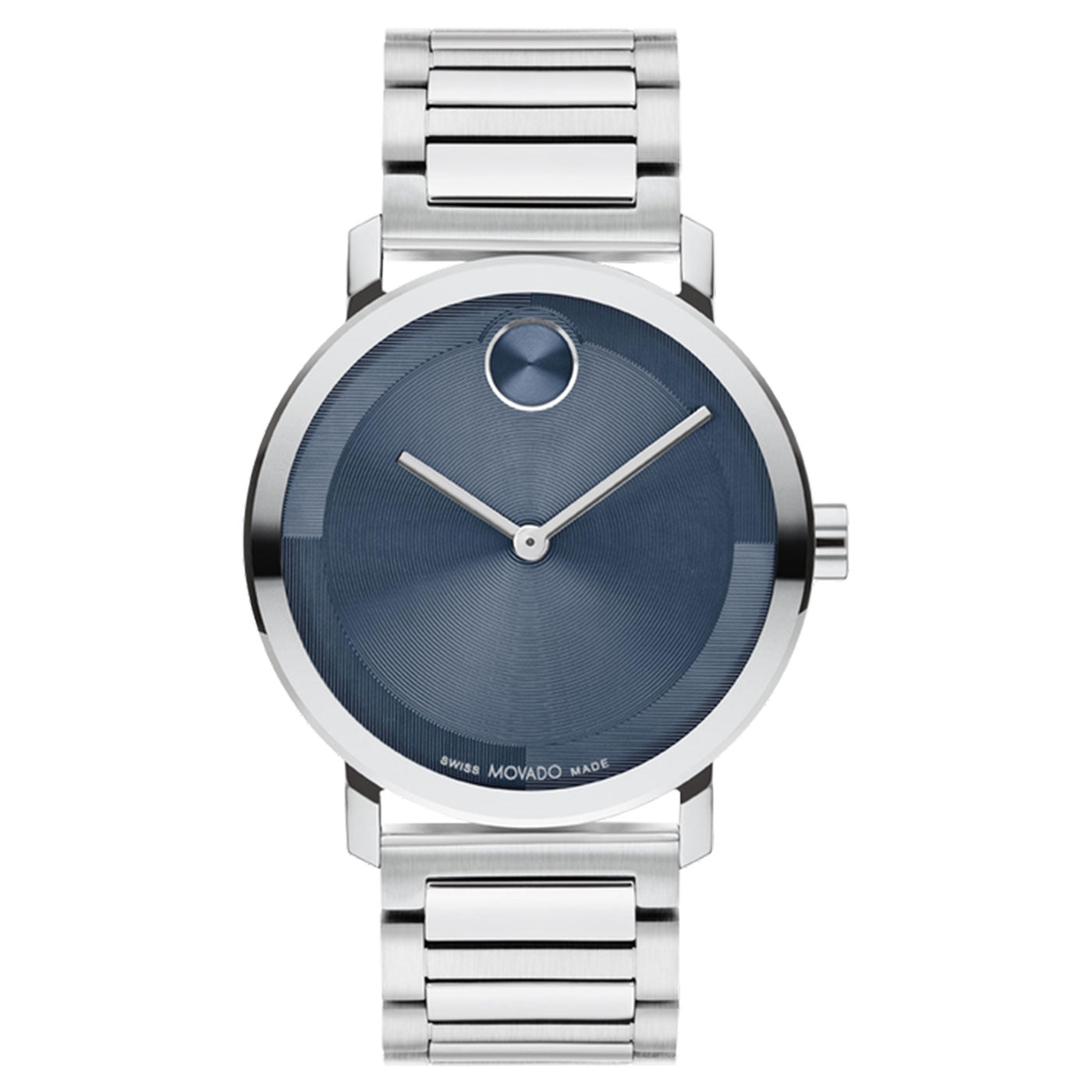 The Movado BOLD 2.0 Quartz 40mm Watch by Movado is a sleek timepiece featuring a striking, micro-textured dark blue dial and silver hour and minute hands. Its round face is elegantly minimalistic, showcasing only a single silver dot at the 12 o'clock position. Crafted with a stainless steel bracelet, this watch exudes modern elegance.