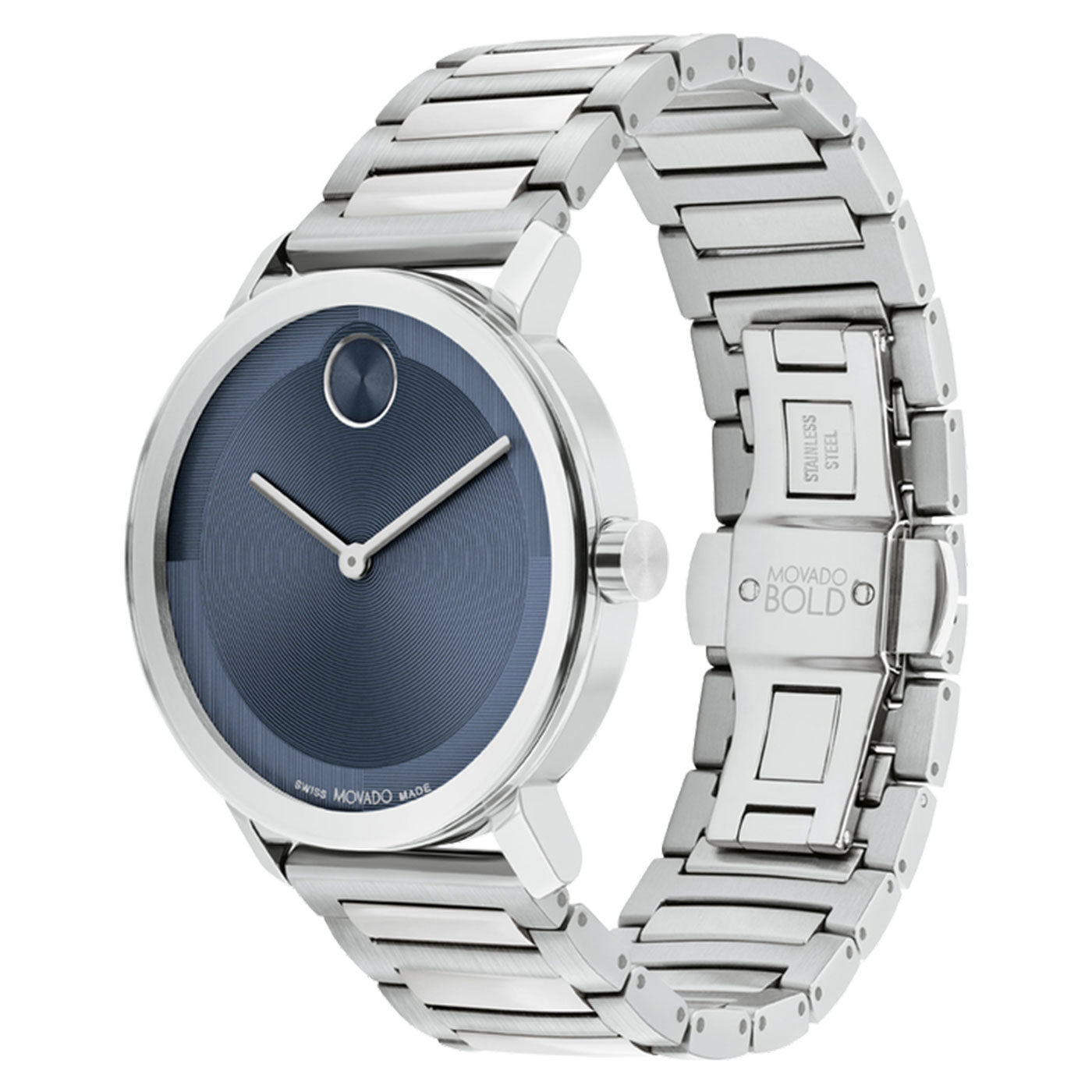 The Movado BOLD 2.0 Quartz 40mm Watch is a sophisticated timepiece featuring a stainless steel band and a minimalist micro-textured dark blue dial. It has two silver hands and a single dot at 12 o'clock, set against a geometric pattern, with the clasp distinctly displaying the Movado logo.