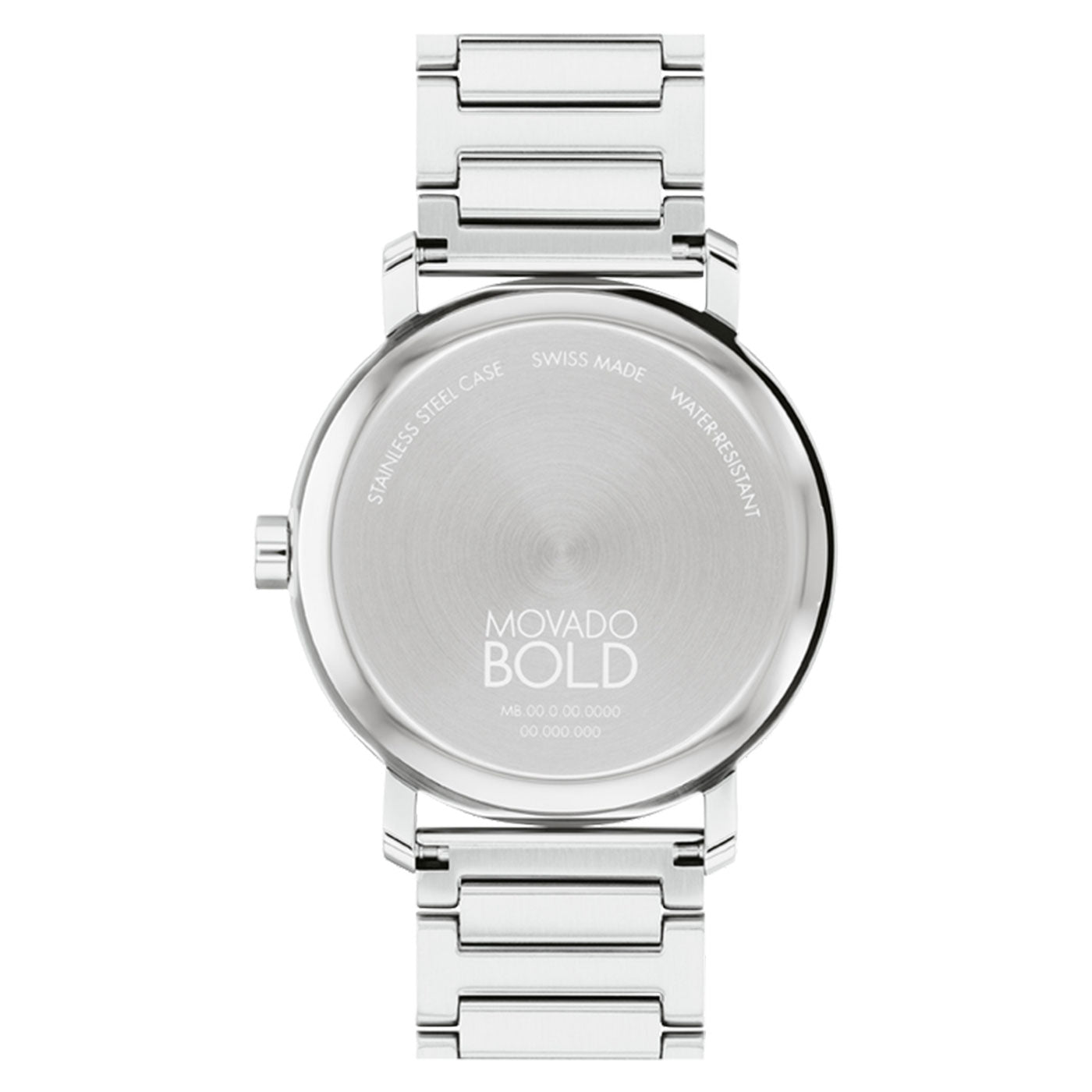 The reverse side of the Movado BOLD 2.0 Quartz 40mm Watch from Movado is intricately engraved with the text: "MOVADO BOLD," highlighting a "STAINLESS STEEL CASE," "SWISS MADE," and its "WATER RESISTANT" feature. Accompanied by a metal link bracelet, it features a micro-textured dark blue dial that exudes sophistication.