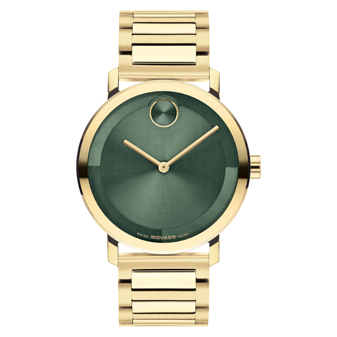 Movado BOLD Evolution 2.0 Quartz 40mm watch in yellow gold-tone with a round green sunray dial, gold hands, and a signature dot at the 12 o’clock position.