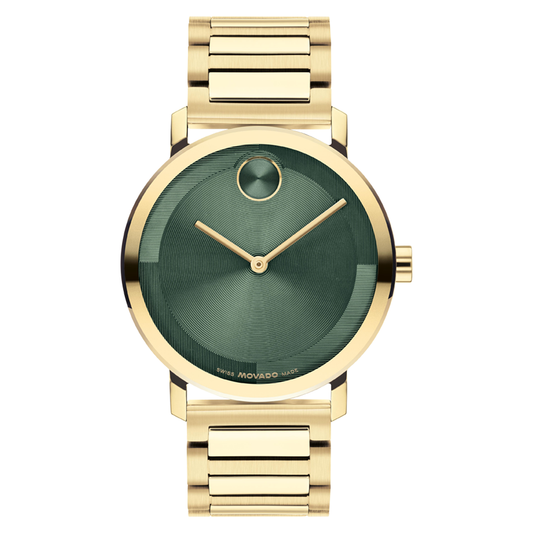 Movado BOLD Evolution 2.0 Quartz 40mm watch in yellow gold-tone with a round green sunray dial, gold hands, and a signature dot at the 12 o’clock position.
