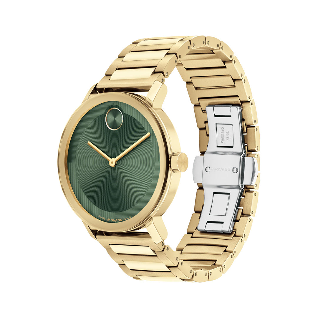 Movado BOLD Evolution 2.0 Quartz 40mm watch in yellow gold-tone with a green dial and a metal link bracelet featuring a butterfly clasp.