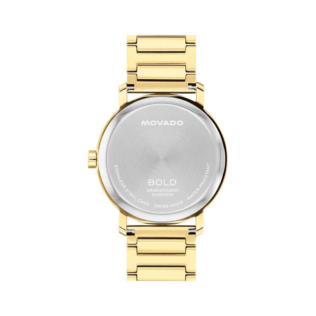 Gold-tone Movado BOLD Evolution 2.0 Quartz 40mm Watch with a green dial and a stainless steel case back showing the brand name and product details.