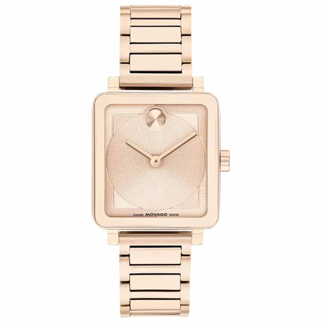 Introducing the Movado BOLD Evolution 2.0 Quartz Watch: a gold wristwatch with a square face that showcases a minimalist design. The circular dial, nestled within its bold case, features simple hour and minute hands for an understated elegance. Complemented by a rose gold-tone lacquer bracelet that seamlessly connects to the case, this watch embodies modern sophistication.