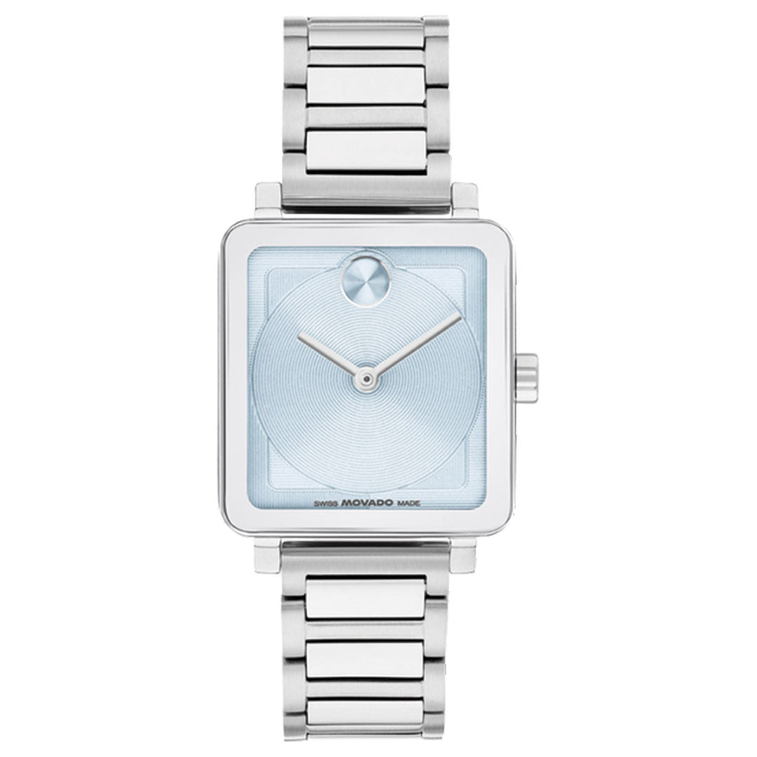 The Movado BOLD Evolution 2.0 Quartz 28mm x 26mm watch features a silver square case, light blue lacquer dial, minimalist design, metal link band, and a signature single dot at 12 o’clock without hour markers or numerals.