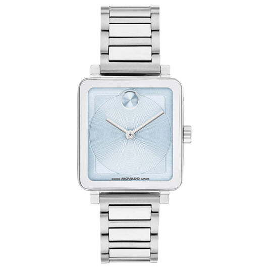 The Movado BOLD Evolution 2.0 Quartz 28mm x 26mm watch features a silver square case, light blue lacquer dial, minimalist design, metal link band, and a signature single dot at 12 o’clock without hour markers or numerals.