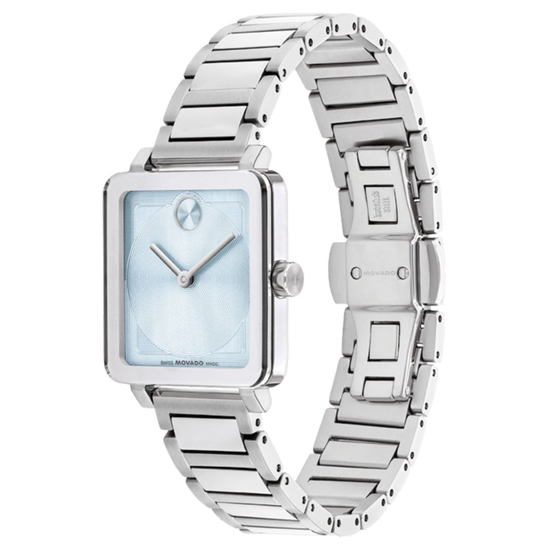 The Movado BOLD Evolution 2.0 Quartz 28mm x 26mm watch has a square silver metal link band, light blue lacquer dial, minimalist two hands, and subtle Movado branding on the face and clasp for a refined look.