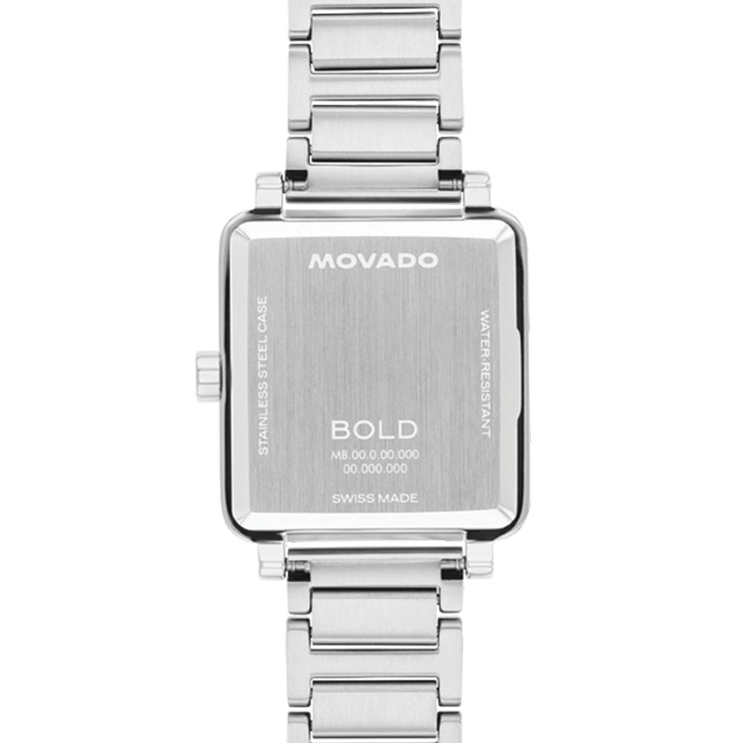 Back view of the Movado BOLD Evolution 2.0 Quartz 28mm x 26mm watch, featuring a silver stainless steel band and engraved details: "MOVADO," "BOLD," "STAINLESS STEEL CASE," "WATER RESISTANT," and "SWISS MADE.
