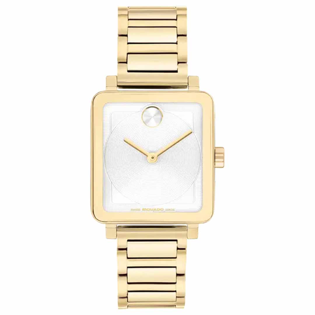 The Movado BOLD Evolution 2.0 Quartz 28mm x 26mm Watch by Movado showcases a minimalist design with a striking gold square face. It features a micro-textured white dial paired with sleek gold hour and minute hands, complemented by a matching gold metal bracelet for an elegant finish.