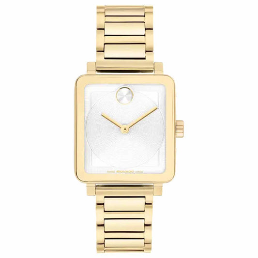 The Movado BOLD Evolution 2.0 Quartz 28mm x 26mm Watch by Movado showcases a minimalist design with a striking gold square face. It features a micro-textured white dial paired with sleek gold hour and minute hands, complemented by a matching gold metal bracelet for an elegant finish.