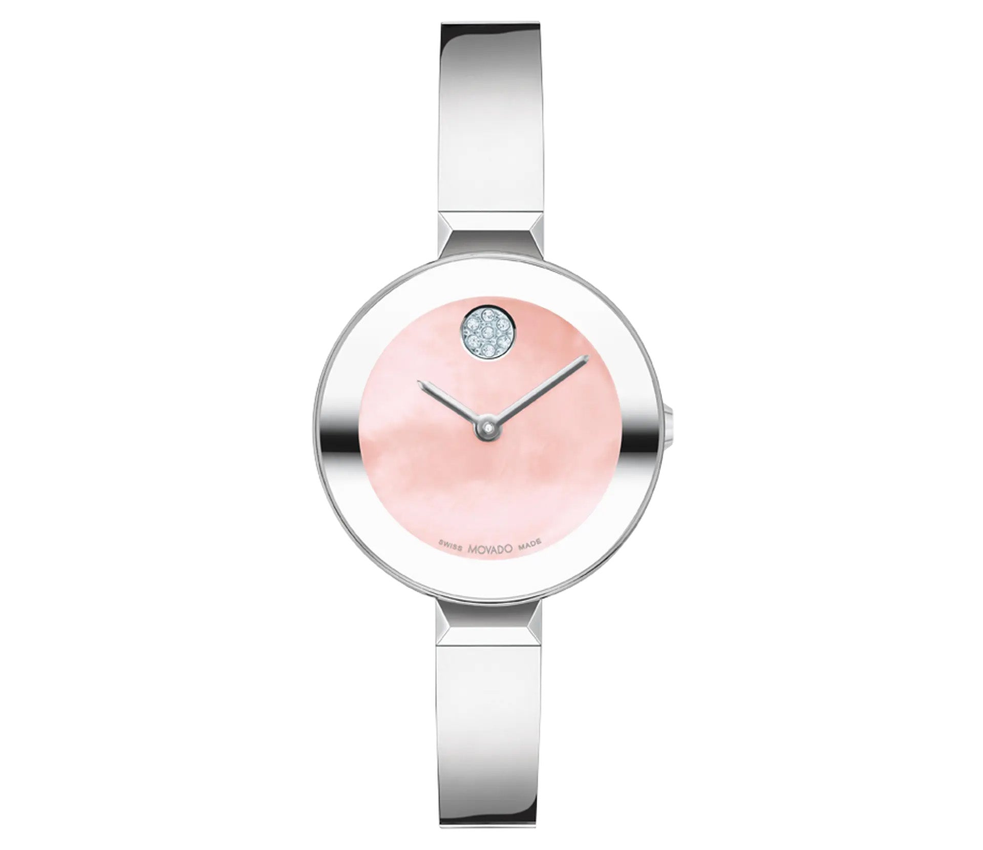 The Movado BOLD Bangle Quartz 28mm Watch, from the acclaimed Movado brand, features a sleek, minimalist design with a bold pink sunray dial and a single diamond-like detail at the 12 o'clock position. The simple and elegant time hands are complemented by a slim, polished silver band that adds sophistication to any ensemble.